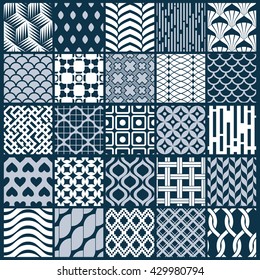 Vector graphic vintage textures created with squares, rhombuses and other geometric shapes. Monochrome seamless patterns collection best for use in textiles design.
