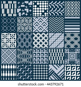 Vector graphic vintage textures created with squares, rhombuses and other geometric shapes. Monochrome seamless patterns collection best for use in textiles design.
