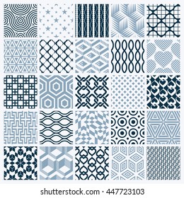 Vector graphic vintage textures created with squares, rhombuses and other geometric shapes. Monochrome seamless patterns collection best for use in textiles design.