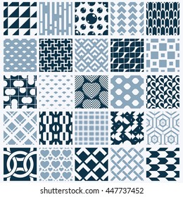 Vector graphic vintage textures created with squares, rhombuses and other geometric shapes. Monochrome seamless patterns collection best for use in textiles design.