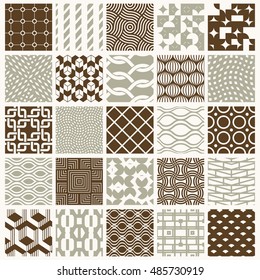 Vector graphic vintage textures created with squares, rhombuses and other geometric shapes. Seamless patterns collection best for use in textiles design.