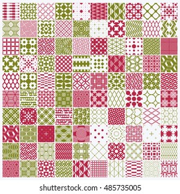 Vector graphic vintage textures created with squares, rhombuses and other geometric shapes. 100 seamless red and green patterns collection best for use in textiles design.