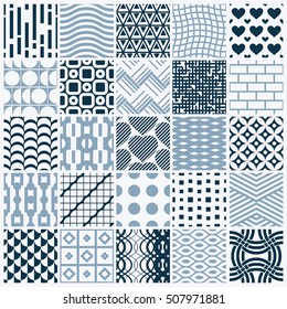Vector graphic vintage textures created with squares, rhombuses and other geometric shapes. Monochrome seamless patterns collection best for use in textiles design.
