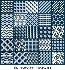 Vector graphic vintage textures created with squares, rhombuses and other geometric shapes. Monochrome seamless patterns collection best for use in textiles design.