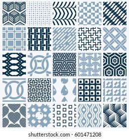 Vector graphic vintage textures created with squares, rhombuses and other geometric shapes. Monochrome seamless patterns collection best for use in textiles design.