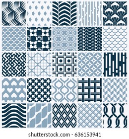 Vector graphic vintage textures created with squares, rhombuses and other geometric shapes. Monochrome seamless patterns collection best for use in textiles design.