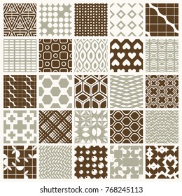 Vector graphic vintage textures created with squares, rhombuses and other geometric shapes. Seamless patterns collection best for use in textiles design.