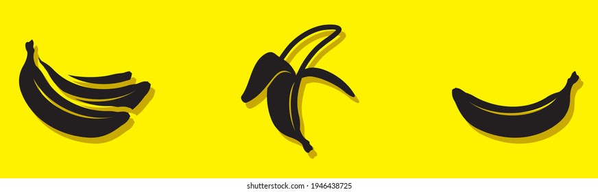 Vector Graphic Volumetric With A Shadow One-color Black Ripe Bananas Set On A Yellow Background. Peeled, Bunch, One Banana. Stamp.