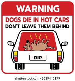A vector graphic warning sign featuring a cartoon-style dead dog in a car with heat waves, marked “RIP.” Designed to catch attention and promote animal welfare.