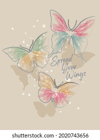 vector graphic with watercolor butterflies and quote, pastel colors, romantic mood