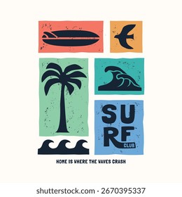 Gráfico vetorial com ondas, sol, prancha de surfe, sol e palmeira em cor retrô. Perfeito para impressão de camiseta, cartazes e adesivos.