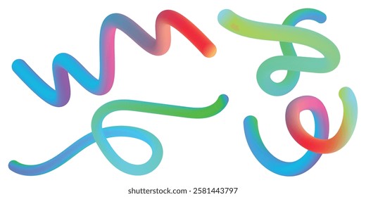 Vector Graphic with Wavy Lines in Rainbow Colors. Abstract Color Gradient Swirl Shapes Set in white background . Colorful Fluid Wave Pattern. Squiggly Design Elements
