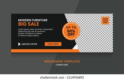 Vector graphic of web banner design with black, orange and white color scheme. Perfect for furniture or electronic product promotion
