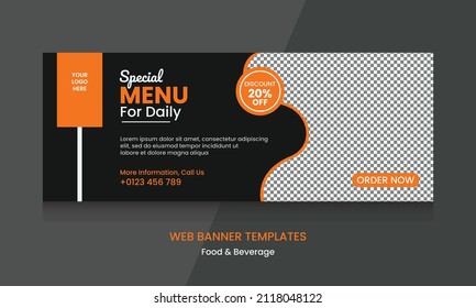 Vector graphic of web banner design with black, orange and white color scheme. Perfect for food and beverage or restaurant business promotion