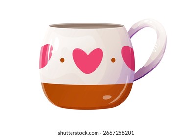 Gráfico de Vector de una taza de rayas blancas y marrones para cualquier bebida caliente, decorado con un patrón de corazón rosa que se repite a su alrededor, sobre un fondo blanco.