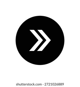 Vector graphic of a white double-right arrow within a solid black circular button. Ideal for user interface navigation and progress display.