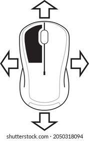 Vector graphic white wireless computer mouse  with demonstration of pan - draw function on left held down button and with arrows pointing in different directions on transparent background for tutorial