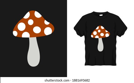 Vector graphic of wild mushroom isolated on black background. Simple t-shirt design with image of wild mushroom vector illustration. Front view. Vector eps10.
