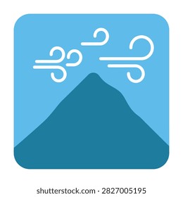 Vector graphic of wind blowing over a mountain peak. Blue and white weather icon representing windy conditions, breeze, and nature. Suitable for apps and forecasts.