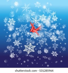 Vector graphic winter bright background with snowflakes and a bird