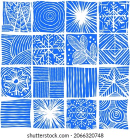 Vector graphic from winter elements on a blue background. Texture for gift paper, fabric, for decorating Christmas gifts, New Year's designs.