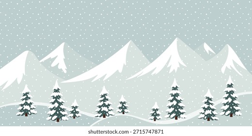 Vektorgrafik mit Winterlandschaft mit Tannenbäumen vor schneebedeckten Bergen.