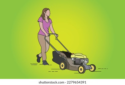 Vector graphic of woman cutting grass with a push mower