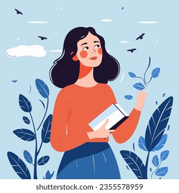 Imagen vectorial de una mujer sosteniendo un libro en la mano, caminando por el bosque o el parque. Mujer con suéter y falda. Las aves vuelan alrededor de la chica, las flores crecen. Las vibraciones de otoño, el acogedor otoño, de vuelta al concepto escolar.