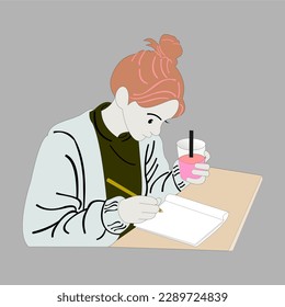 Gráfico vectorial de la ilustración femenina en la mesa aislada. Mujer joven o estudiando en casa o en la mesa de oficina. Niña escribiendo notas en un libro mientras toma notas, estudiando. educación en casa.