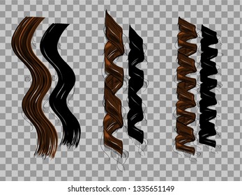 Vector graphic women's beautiful  long curly hair. Set of realistic women's hair. Realistic women's hair on transpaarent background. Brown long hair vector illustration.