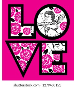 Vector graphic of word love with Cupid and flowers