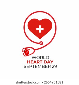 Vector graphic of World heart day with red heart  background template. A concept for healthcare and medicine. Realistic ribbon Pulse line with heartbeat monitor. Banner poster, social media design.