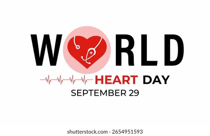 Vector graphic of World heart day with red heart  background template. A concept for healthcare and medicine. Realistic ribbon Pulse line with heartbeat monitor. Banner poster, social media design.