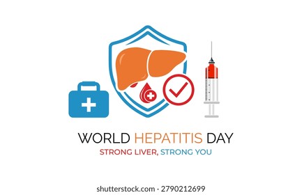 Vector graphic of  World Hepatitis day. Liver shield with medical kit, syringe and checkmark highlighting hepatitis prevention and vaccination.