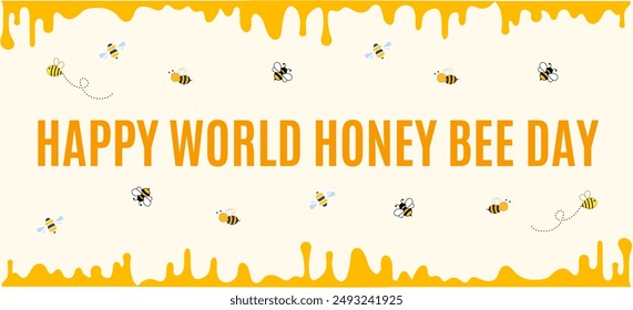 Vector gráfico del día mundial de la abeja de miel con abejas pequeñas y fondo de borde de panal de abeja adecuado para el día mundial de la miel de abeja