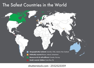 Vector graphic of world map highlighting the safest countries in case a global conflict breaks out