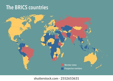 Vector gráfico del mapa mundial que destaca a los países miembros de los BRICS y a los posibles miembros