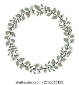Vector graphic with a wreath of branches and berries. Free space for text. Template for invitations, greeting cards, social media posts and advertising.