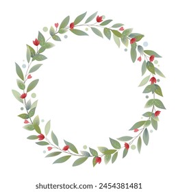 Vector graphic with a wreath of leaves, red flowers and hearts. Free space for text. Template for invitations, greetings, social media posts and advertising.