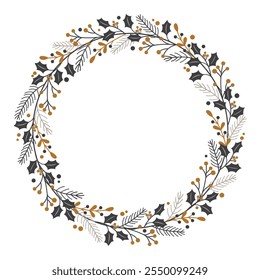 Vector graphic with a wreath of winter branches in gold and gray tones. Free space for text. Template for invitations, greetings, social media posts and advertising.