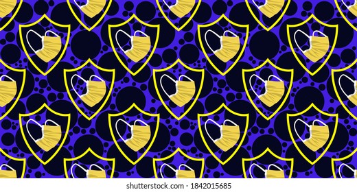 Vector graphic of yellow medical face masks seamless pattern on blue background. Healthcare medical and vector illustration. virus protection. Vector illustration eps10.
