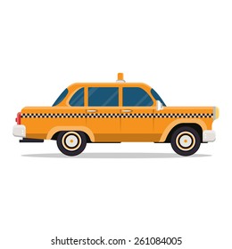 Vector graphic yellow retro Taxi cab on white background with black Taxi sign