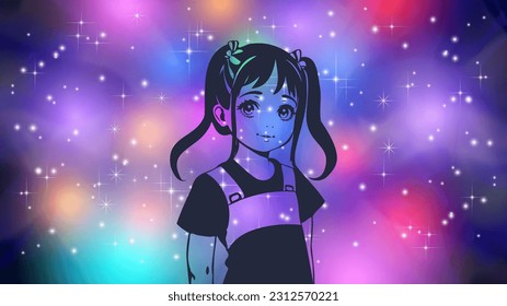 Vector graphic young beautiful teen girl with pigtails and big eyes against the background of a bright multi-colored cosmic sky. Kawaii anime angel.