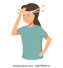 Vector graphic of a young woman experiencing vertigo, with stars circling her head