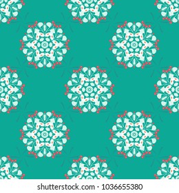 Vector graphical abstract seamless pattern in white, green and neutral colors with medallions, mandala, flowers, geometric elements.