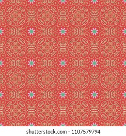 Vector graphical abstract seamless pattern in beige, green and pink colors with medallions, mandala, flowers, geometric elements.