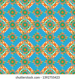 Vector graphical abstract seamless pattern in orange, blue and green colors with medallions, mandala, flowers, geometric elements.