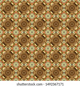Vector graphical abstract seamless pattern in brown, beige and yellow colors with medallions, mandala, flowers, geometric elements.