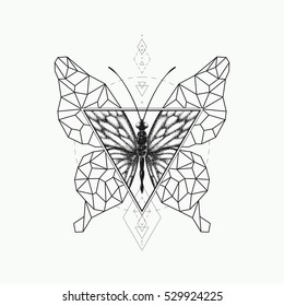 Vector graphical butterfly design. Black sacred geometry and realistic illustration. Not auto-trace