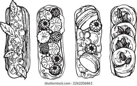 Vector graphical contour set of eclairs with raspberries, macaroons, mashmallow. Special collection for Valentine's Day and Mother's Day. Collection for festive designer packaging, textiles, scrapbook